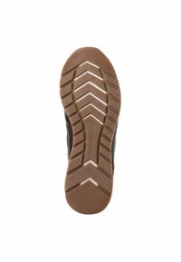 Semelle en caoutchouc marron avec un motif de traction en zigzag, mettant en avant une accent blanche et le logo en relief "S. OLIVER". La partie supérieure de la chaussure est partiellement visible.