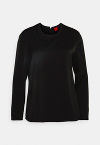 Top nero a maniche lunghe realizzato in tessuto liscio con scollatura rotonda, che presenta un sottile dettaglio di cucitura e una piccola cerniera sul retro.