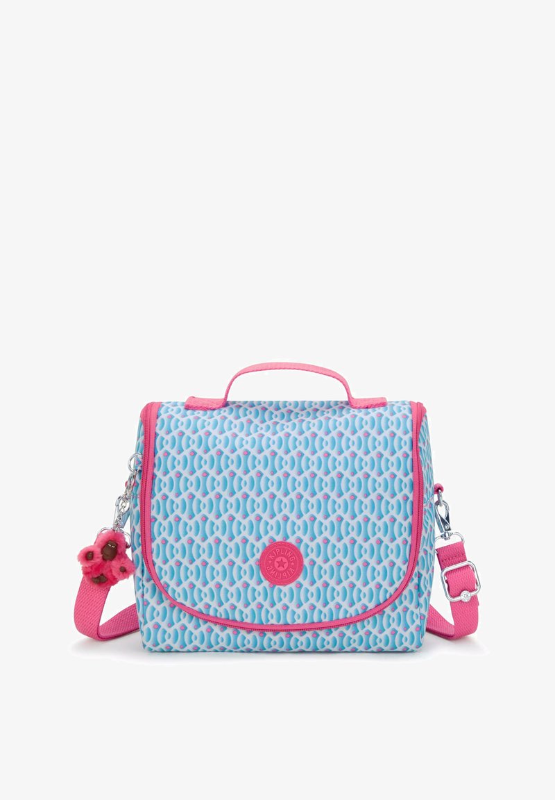 Modrá a růžová vzorovaná taška s klopou, texturovaným povrchem, rukojetí nahoře a nastavitelným ramenním popruhem. Obsahuje akcent v podobě přívěsku květiny.