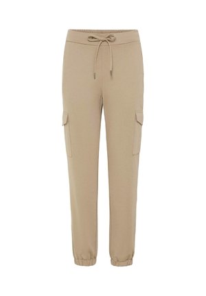 Beige joggebukser med elastisk liv, snøring og to side cargo-lommer. Avsmalnende ankler og myk stoff for komfort.