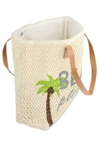 Geflochtene Stroh-Tasche mit beige Außenseite, braunen Lederträgern und einer bestickten Palme in grünen und braunen Farbtönen.