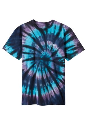 Korte mouwen tie-dye T-shirt in blauw, paars en zwart met klein wit Vans-logo op de bovenste linker borst.
