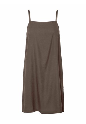 Ærmeløs brun kjole med tynde stropper og en lige halsudskæring, knælængde med en afslappet, let udvidet pasform.