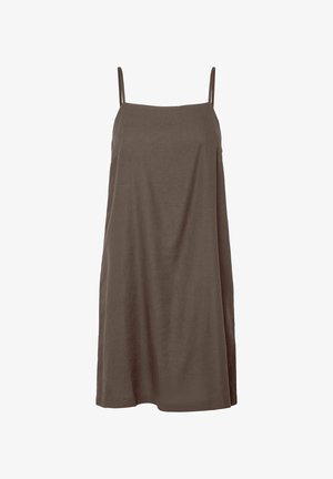 Ærmeløs brun kjole med tynde stropper og en lige halsudskæring, knælængde med en afslappet, let udvidet pasform.