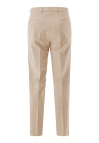 Beige tailored trousers with a smooth texture, slim fit, single pleat, and two back pockets. Features a belt looped waistband.