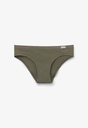 Olijfgroene bikinibroekje met lage taille, minimale stiksels en een klein wit merketiket aan de rechterkant van de tailleband.