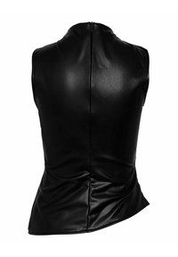 Svart faux läder ärmlös topp med hög halsringning, som har en centralt placerad bakdragkedja och subtil ruching vid midjan.