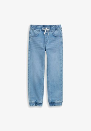 Jasnoniebieskie dresowe spodnie dżinsowe z elastycznym pasem, regulowanym sznurkiem i mankietami na nogawkach. Posiadają cztery kieszenie użytkowe.