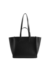 Sort læder tote bag med en tekstureret overflade, to lange håndtag og et åbent topdesign. Har en rummelig rektangulær krop.