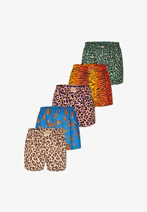 Badehose mit Leopardenmuster, elastischem Bund, in Braun- und Beigetönen, aus leichtem, schnell trocknendem Stoff.
