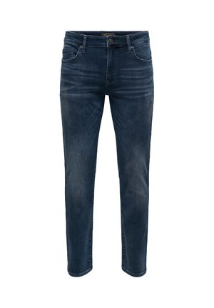 Granatowe dopasowane dżinsy z denimu z przednimi kieszeniami i zapięciem na guziki, ozdobione subtelnym blaknięciem i detalami typu whiskering.