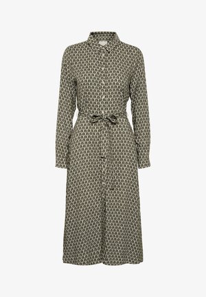 Ilga mygtukinė suknelė ruda spalva su lapų raštu, su diržu per liemenį, apykakle ir ilgomis rankovėmis. Pagaminta iš lengvos medžiagos.