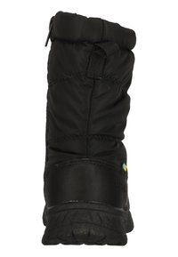 Schwarze isolierte Winterstiefel mit einem weichen, gepolsterten Obermaterial, einer strukturierten Gummisohle und einer Zuglasche für einfaches Anziehen. Verfügt über gestickte Details.