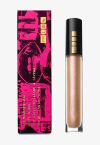 Lucidalabbra in un tubo trasparente con tappo nero. La confezione presenta colori rosa vivaci con grafiche nere e testo dorato. Contiene glitter.