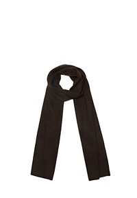 Brun strikket tørklæde med en blød tekstur, rektangulær form og en glat overflade. Ingen mønstre eller hardwaredetaljer til stede.