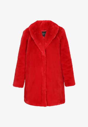 Rote Kunstpelzjacke mit breitem Reverskragen und langen Ärmeln. Weicher Stoff, mittellanges Design, offene Vorderseite ohne sichtbare Verschlüsse.