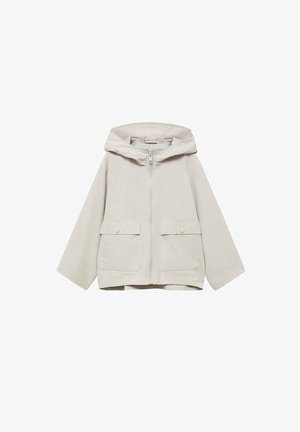 Beige hættejakke med frontlynlås og to knap-lommer, lange ærmer og løs pasform.