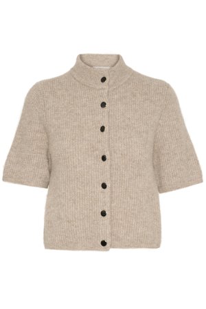 Beige lühikeste varrukatega kardigan, millel on soonikstruktuur, kõrge kaelus ja mustad nupud ees. Pehme, soe kangas.