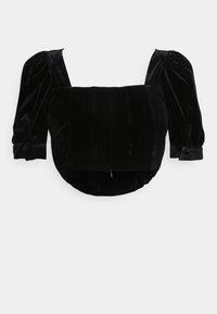 Top de veludo preto com mangas curtas bufantes e decote quadrado; apresenta um corpete estruturado e uma bainha curva, criando uma silhueta ajustada.