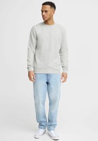 Light gray sweatshirt with long sleeves and ribbed cuffs, paired with light blue jeans and white sneakers. Simple, casual design.