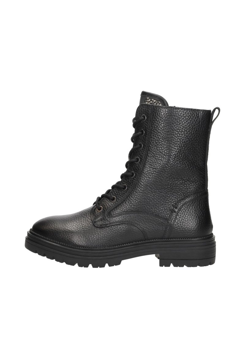 Zwarte leren enkelboots met een gestructureerde afwerking, vetersluiting, rubberen zool en een lus aan de achterkant voor gemakkelijk aan- en uittrekken.
