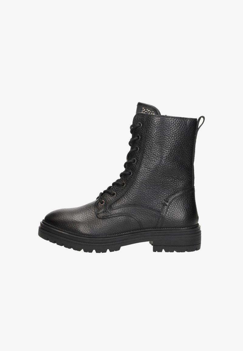 Zwarte leren enkelboots met een gestructureerde afwerking, vetersluiting, rubberen zool en een lus aan de achterkant voor gemakkelijk aan- en uittrekken.