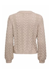 Pull en maille beige avec un motif en cable, manches larges et hémis ribbés. Présente une texture en tricot ouvert sur le dos.