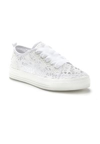 White lace sneakers with flat white laces, mesh upper featuring an intricate pattern, and a textured rubber sole with side grooves.