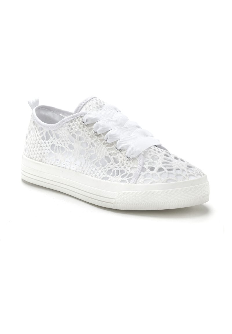 White lace sneakers with flat white laces, mesh upper featuring an intricate pattern, and a textured rubber sole with side grooves.