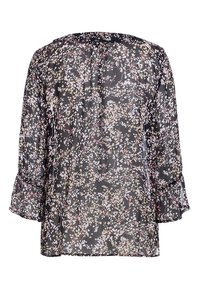 Blumenbluse mit schwarzem Hintergrund, aus leichtem Stoff. Verfügt über lange Ärmel mit rüschigen Enden und einem leicht lockeren Schnitt.