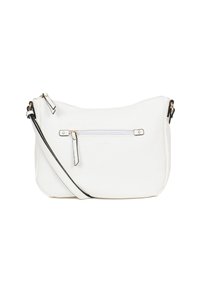 Borsa a tracolla bianca in pelle con una texture liscia, dettagli neri, una tasca frontale con zip e una tracolla regolabile.