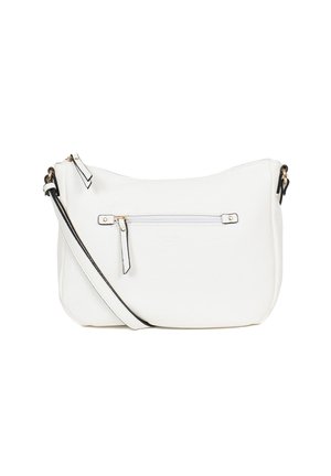 Witte leren schoudertas met een gladde textuur, zwarte accenten, een ritsvak aan de voorkant en een verstelbare strap.