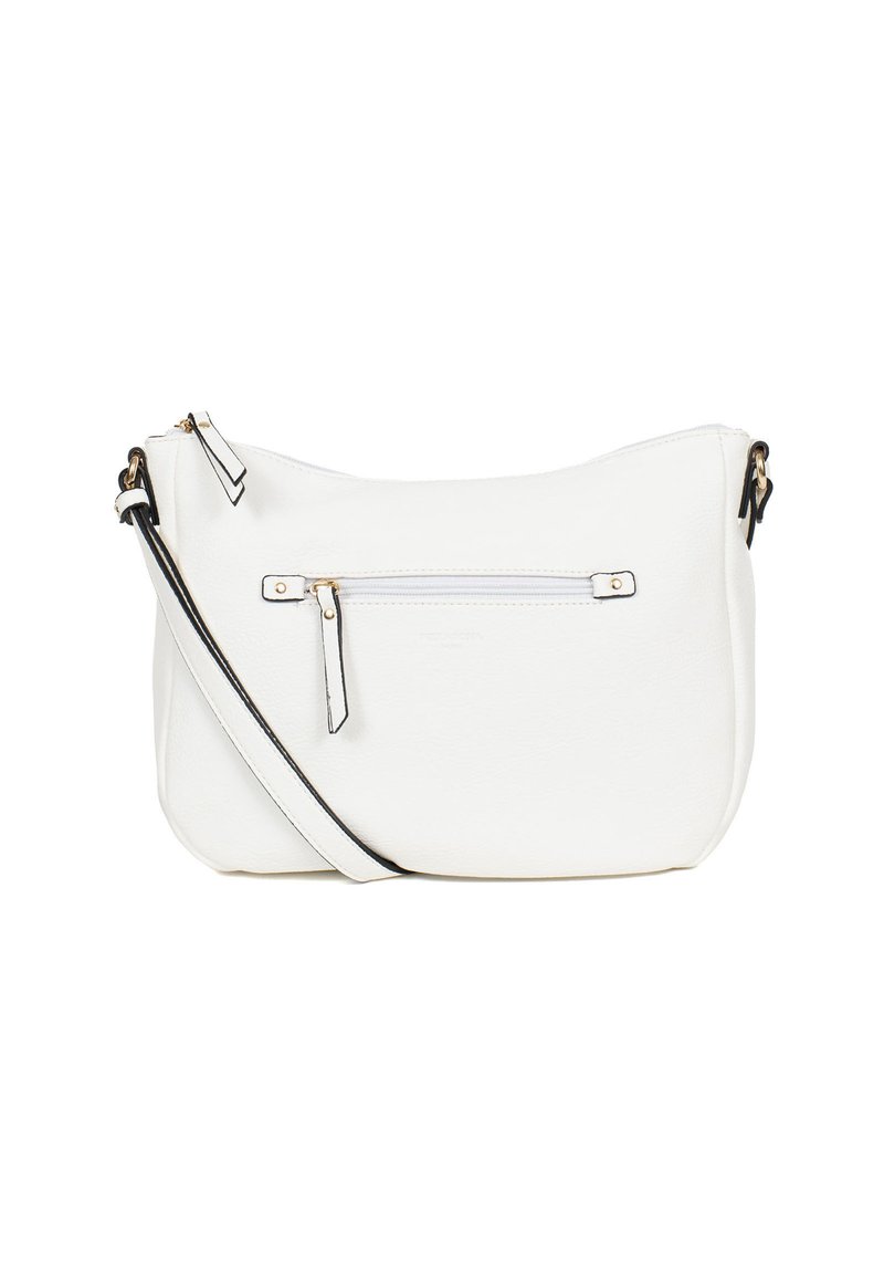 Borsa a tracolla bianca in pelle con una texture liscia, dettagli neri, una tasca frontale con zip e una tracolla regolabile.