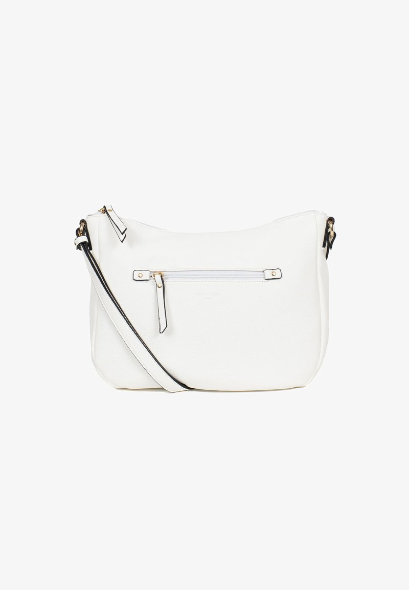 Borsa a tracolla bianca in pelle con una texture liscia, dettagli neri, una tasca frontale con zip e una tracolla regolabile.