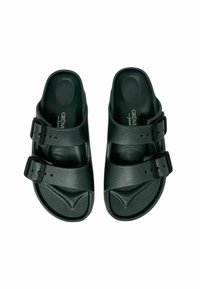 Sandali verde scuro con due fibbie regolabili, cinturini testurizzati e plantari sagomati per il comfort. Materiale resistente e suole antiscivolo.