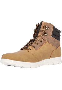 Stivaletti beige con finitura in pelle liscia, supporto alla caviglia imbottito, lacci neri e suola in gomma bianca per un'ottima aderenza.