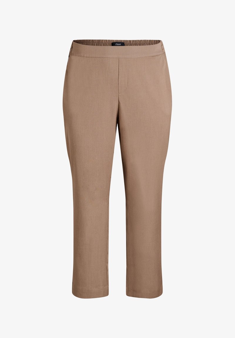 Bruine, geknipte broeken met een gladde textuur en een elastische tailleband. Eenvoudig ontwerp zonder zakken, rechte pijpen, geschikt voor casual draag.