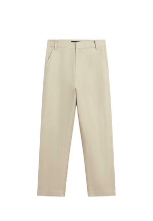 Pantalon beige à jambes droites avec passants de ceinture, poches latérales et fermeture éclair à l'avant, présenté sur un fond blanc.