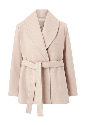 Hellbeiger Wollmantel mit weitem Schalkragen, langen Ärmeln, vorne zum Binden und geradem Saum.