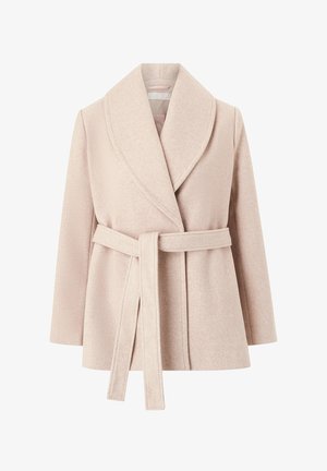 Lysebeige uldfrakke med bredt sjalskrave, lange ærmer, bælte foran og lige kant.