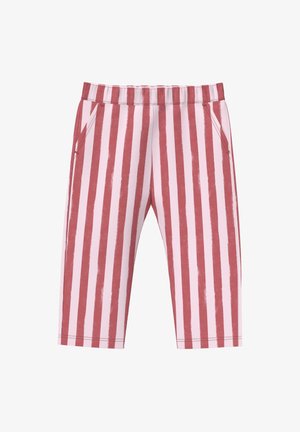 Roze en wit gestreepte cropped broek met verticale strepen, een elastische tailleband en zijzakken.