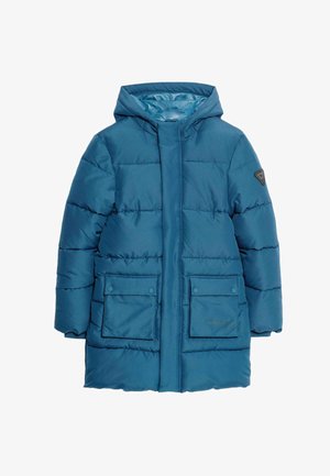 Blågrøn dunjakke med hætte, der har vandret quiltning, to forlommer med trykknapper og en logopatch på ærmet.