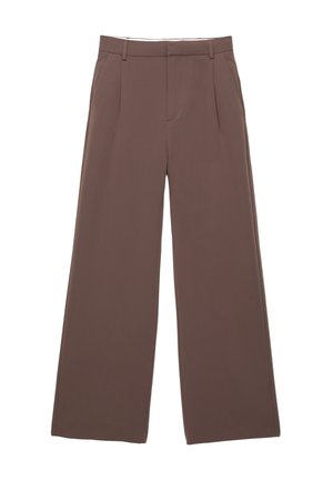 Wide-leg trousers in a solid brown fabric, featuring a smooth texture, front pleats, and a tailored waistband. No visible logos or patterns.