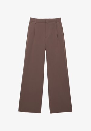 Pantaloni a gamba larga in tessuto marrone uniforme, con una trama liscia, pieghe frontali e una vita su misura. Senza loghi o motivi visibili.