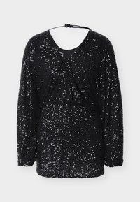 Μαύρο τοπ με παγέτες, μακριά μανίκια, ντεκολτέ σε σχήμα V και πιέτες στη μέση. Υφή με αντανακλαστικές παγέτες σε όλη την επιφάνεια.