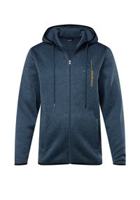 Felpa con zip navy, dotata di cappuccio, in tessuto testurizzato, con bordi neri a contrasto e un accento grafico giallo. Presenta due tasche frontali e coulisse.