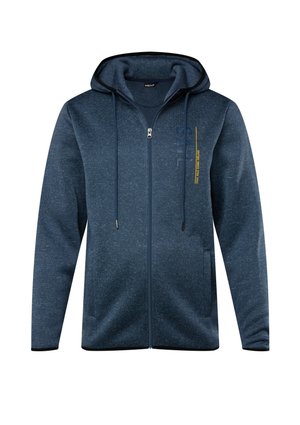 Marineblå zip-up hættejakke med hætte, tekstureret stof, kontrastfyldt sort kant og gul grafisk detalje. Har to forlommer og snore.