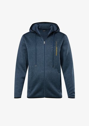 Granatowa bluza z kapturem na zamek, teksturowany materiał, kontrastowe czarne wykończenia i żółty graficzny akcent. Posiada dwie przednie kieszenie i sznurki do regulacji.