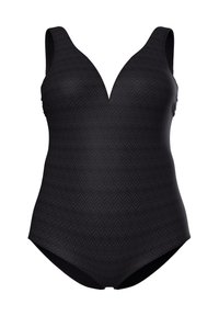 Schwarzer Einteiler mit tiefem V-Ausschnitt und dezentem geometrischem Muster, ärmelloses Design und mittlere Beinbedeckung.