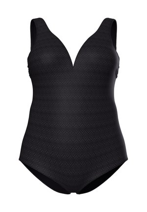 Czarny jednoczęściowy strój kąpielowy z głębokim dekoltem w kształcie litery V i subtelnym geometrycznym wzorem, bez rękawów, z umiarkowanym zakryciem nóg.